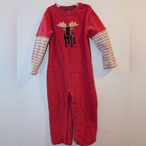 🫎 Gymboree Mountain Lodge Red Striped Long Sleeved Jumpsuit w Moose Appliqué 3T